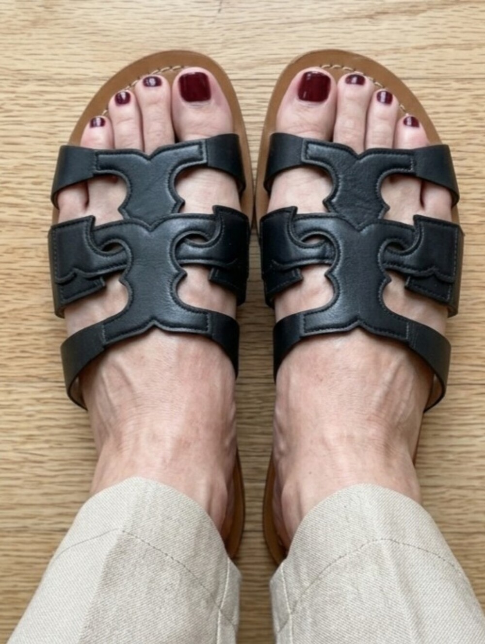 Tory Burch Anchor T-Strap Slide Sandals Black Size 7.5